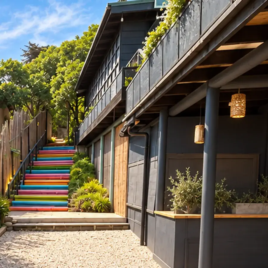La escalera de colores del patio subiendo entre la vegetación