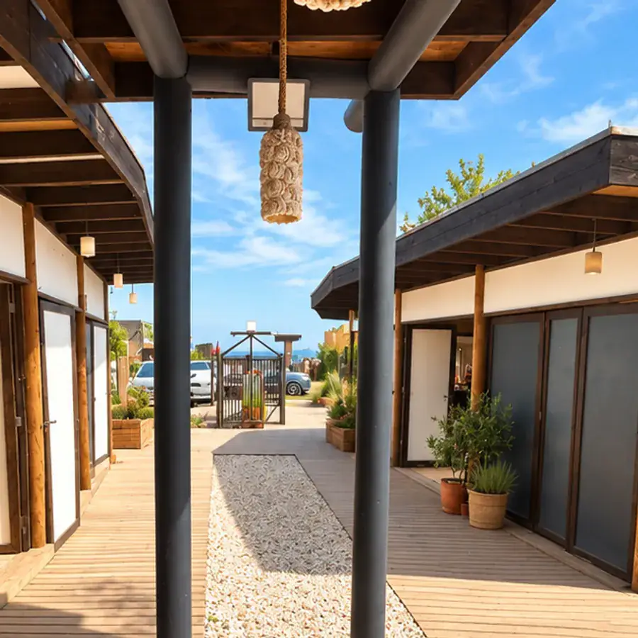 La pérgola del pasaje con las lámparas de fibra y la salida hacia el mar